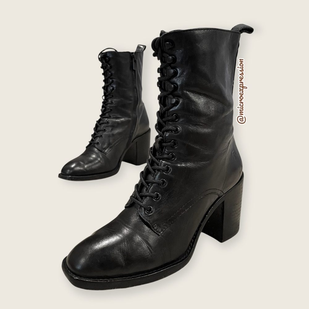 $399 Frye Pia Black Leather Combat Lace Up Moto Goth Block Heel Ankle Bootie - Picture 14 of 15